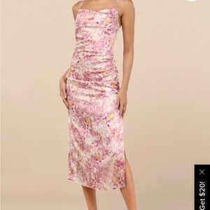 Lulu's Truest Romance Pink Floral Sleeveless Ruched Midi Dress